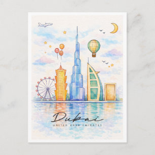 Dubai Silhouette Waterverf   Stadsgezicht Kunst UA Feestdagenkaart