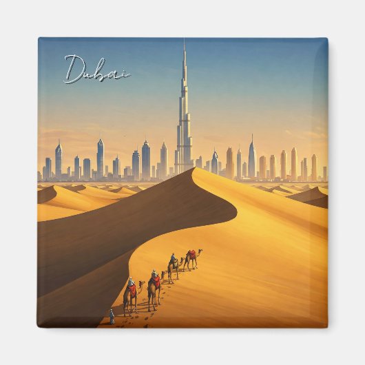 Dubai Skyline Desert Kamelen Reizen Magneet (Voorkant)