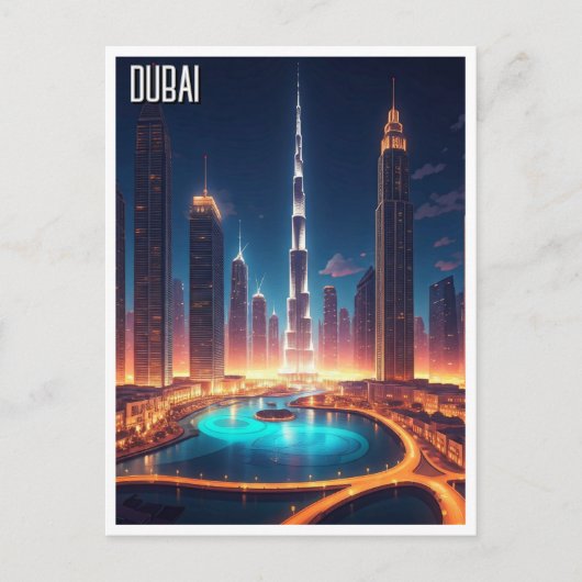 Dubai Skyline Night Travel Briefkaart (Voorkant)