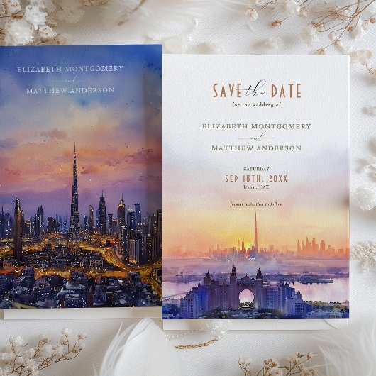 Dubai Skyline Sunset Wedding Sla de datum op Kaart