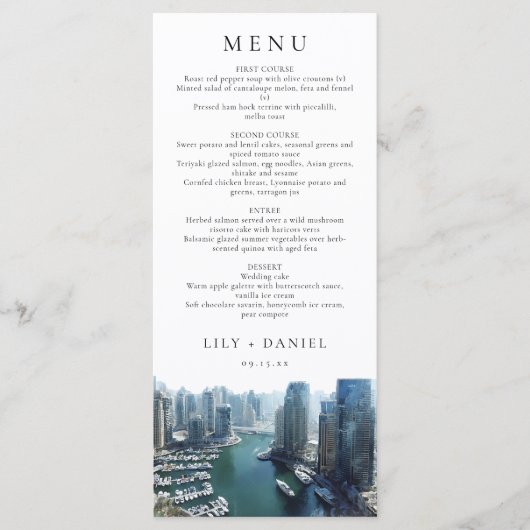 Dubai Skyline Watercolor Elegant Wedding Menu (Voorkant)