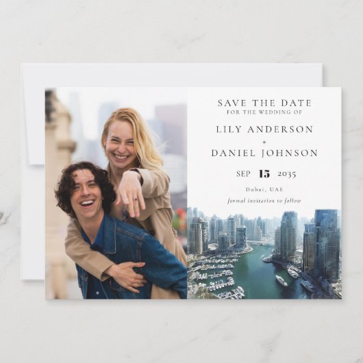 Dubai Skyline Watercolor Photo Wedding Save The Date (Voorkant)