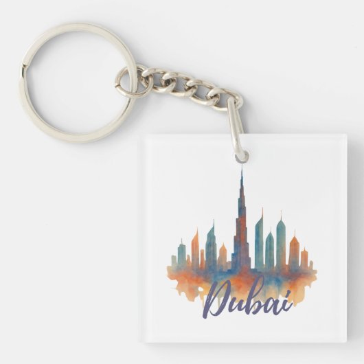 Dubai Skyline Waterverf Art Print Sleutelhanger (voorkant)