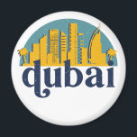 Dubai UAE  Retro City Skyline Cityscape Art Magneet<br><div class="desc">en retro-stadsplan met prachtige skyline, toeristische attractie en cityscape art. Koelwolkenkrabber en bouwartikelen voor silhouette-illustratie voor toeristen en reizigers. Perfect als souvenir om terug naar huis te brengen wanneer je over de hele wereld reist. Bespaar de herinnering aan uw reis en vakantie met familie en vrienden. De achtergrondkleur kan aan...</div>