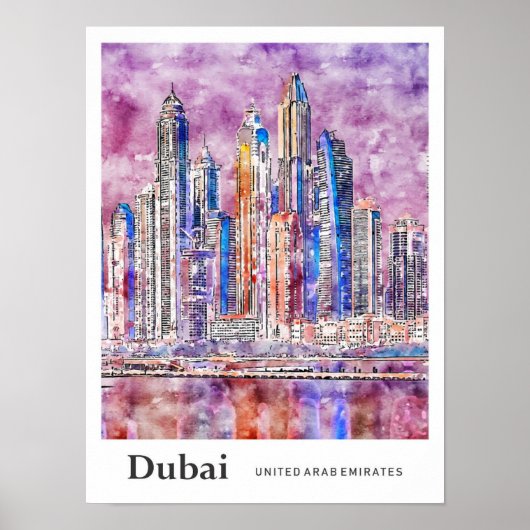 Dubai UAE Travel Waterverf met de hand getekend Poster (Voorkant)