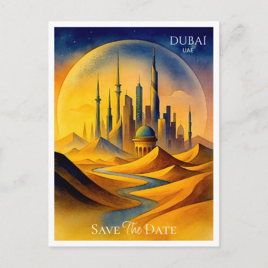 Dubai UAE Waterverf Save the Date Briefkaart (Voorkant)