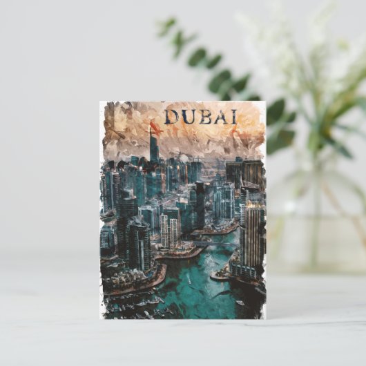 Dubai UAE Waterverf Skyline Briefkaart (Staand voorkant)