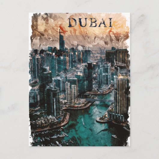 Dubai UAE Waterverf Skyline Briefkaart (Voorkant)