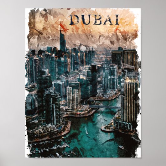 Dubai UAE Waterverf Skyline Poster (Voorkant)