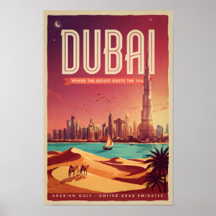 Dubai VAE Nacht Skyline Illustratie Reis Kunst Poster