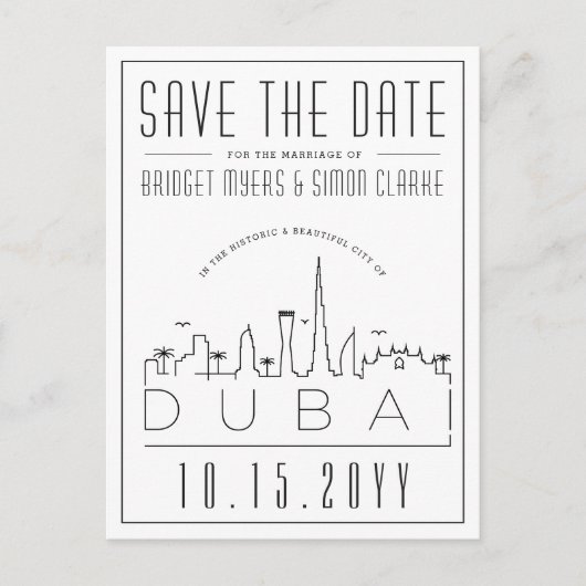 Dubai Wedding Deco Skyline Save the Date Briefkaar Briefkaart (Voorkant)