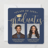 Dubbel Afstuderen 2 foto's Navy & Gold Joint Party Kaart (Voorkant)