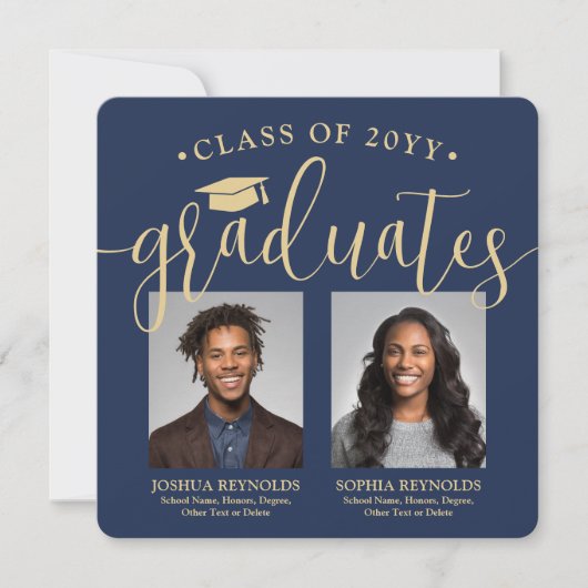 Dubbel Afstuderen 2 foto's Navy & Gold Joint Party Kaart (Voorkant)