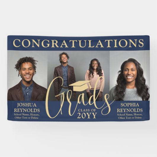 Dubbel Afstuderen 3 Foto Navy & Gold Joint Party Spandoek (Horizontaal)