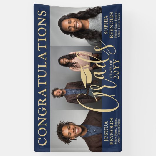 Dubbel Afstuderen 3 Foto Navy & Gold Joint Party Spandoek (Verticaal)