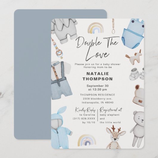 Dubbel Baby shower met de liefdeskleding Twin Boys Kaart (Voorkant / Achterkant)