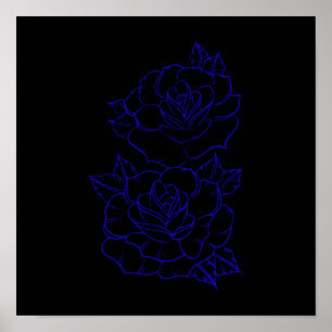Dubbel Blauwe Roos Lijn Kunst Tattoo Ontwerp Poster