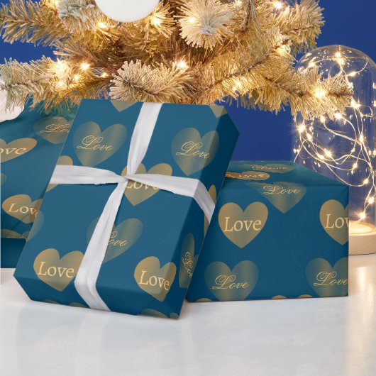 Dubbel de gouden liefdesharten op Regal Blue Cadeaupapier (Feestdagen)