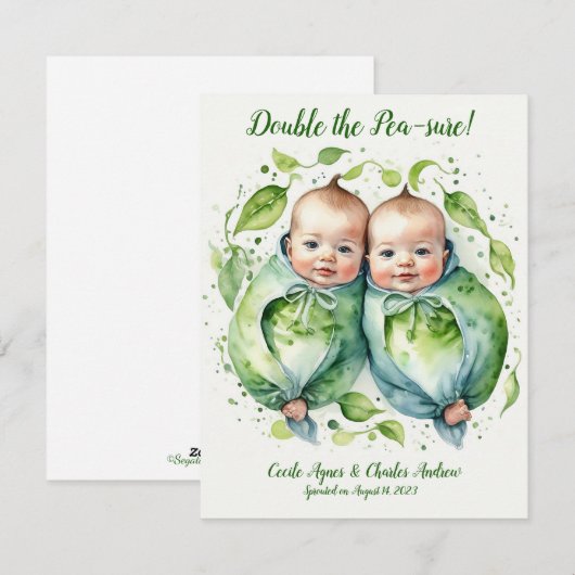 Dubbel de Pea-sure Twin Birth Aankondiging (Voorkant / Achterkant)