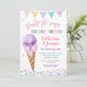 Dubbel de Scoops Twin Verjaardag Ice Cream Kleurri Kaart (Staand voorkant)