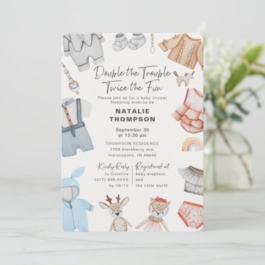 Dubbel de Trouble Twins Boy Girl Baby shower Kaart (Staand voorkant)