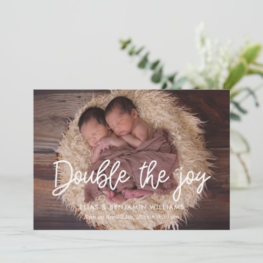 Dubbel de vreugde tweeling geboorte aankondiging k (Staand voorkant)
