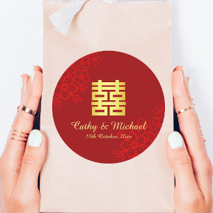 Dubbel geluk bloemige achtergrond Chinese bruiloft Ronde Sticker