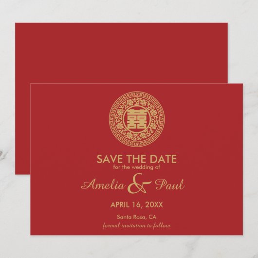 Dubbel Geluk Chinees Bruiloft - Save the Date (Voorkant / Achterkant)
