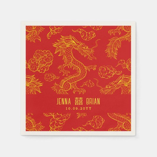 Dubbel Geluk Goud en Rood Drakenstijl Servet (Voorkant)