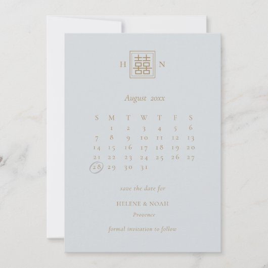 Dubbel Geluk Stoffig Blauw & Goud Chinees Huwelijk Save The Date (Voorkant)