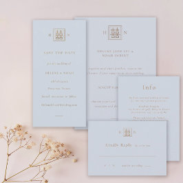 Dubbel Geluk Stoffig Blauw & Goud Chinees Huwelijk Save The Date