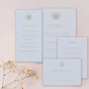 Dubbel Geluk Stoffig Blauw & Goud Chinees Huwelijk Save The Date