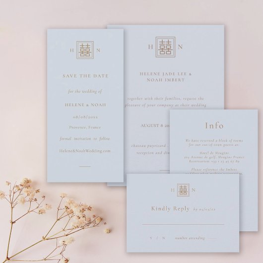 Dubbel Geluk Stoffig Blauw & Goud Chinees Huwelijk Save The Date