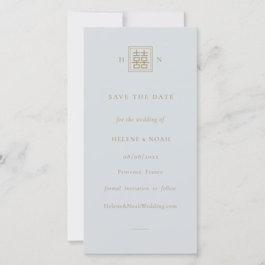 Dubbel Geluk Stoffig Blauw & Goud Chinees Huwelijk Save The Date (Voorkant)