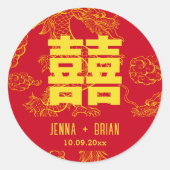 Dubbel geluk Symbool Drakenstijl Rood+Goud Ronde Sticker (Voorkant)