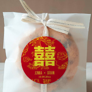 Dubbel Geluk Symbool Drakenstijl Rood+Goud Ronde Sticker