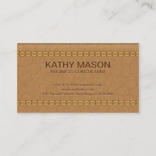 Dubbel gestikt tan leder | Emboss-monogram Visitekaartje (Achterkant)