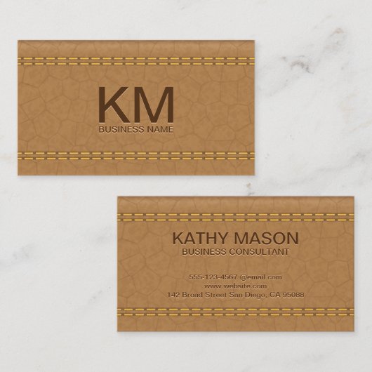 Dubbel gestikt tan leder | Emboss-monogram Visitekaartje (Voorkant / Achterkant)