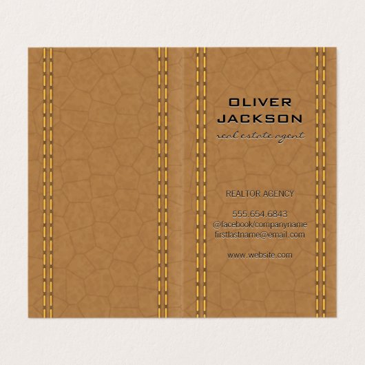Dubbel gestikt tan leder visitekaartje (Buitenkant ongevouwen)