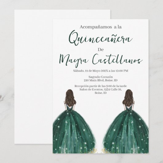 Dubbel Groen silhouet Quinceañera uitnodiging (Voorkant / Achterkant)