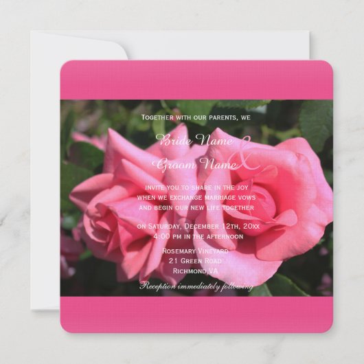 Dubbel heet roze roos bloemen bruiloft uitnodiging (Voorkant)