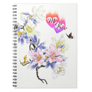 Dubbel monogram gevlochten harten met bloemen notitieboek