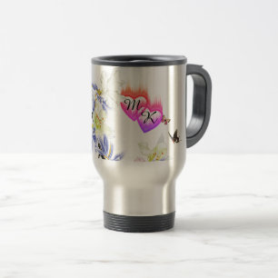 Dubbel monogram gevlochten harten met bloemen reisbeker
