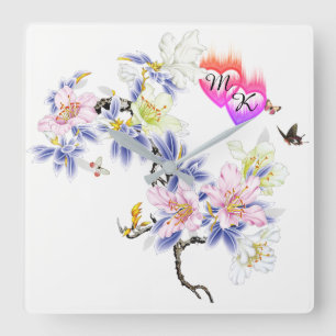 Dubbel monogram gevlochten harten met bloemen vierkante klok