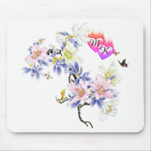 Dubbel Monogram Vlammende Harten met Bloemen Muismat