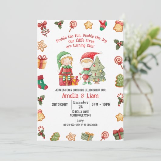 Dubbel plezier, Kerstelfen Tweeling 1e Verjaardag Kaart (Staand voorkant)