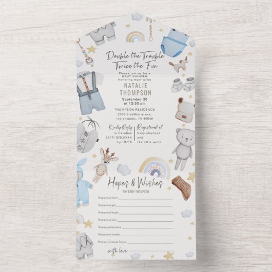 Dubbel probleemloos Baby shower met dubbele touwtj All In One Uitnodiging (Binnen)