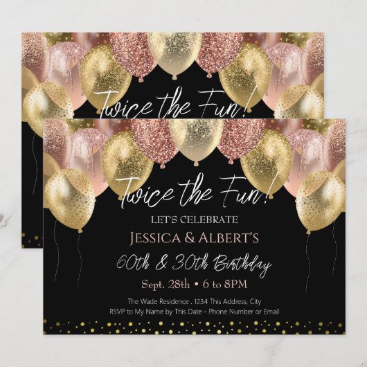 Dubbel Verjaardag Roos Goud en Gouden Ballonnen Kaart (Voorkant / Achterkant)