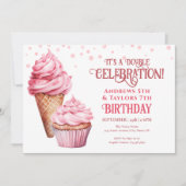 Dubbel Verjaardagsfeest Kinder Roze IJs Kaart (Voorkant)