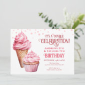 Dubbel Verjaardagsfeest Kinder Roze IJs Kaart (Staand voorkant)